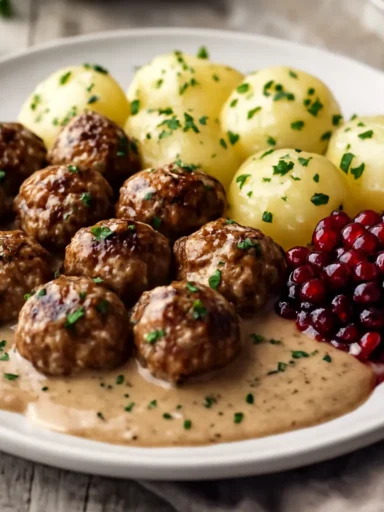 Köttbullar med potatis, gräddsås och lingon