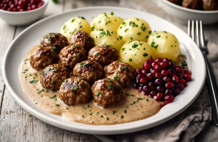 Köttbullar med potatis, gräddsås och lingon