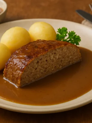 Köttfärslimpa med potatis och brunsås