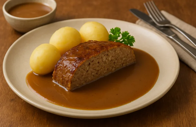 Köttfärslimpa med potatis och brunsås