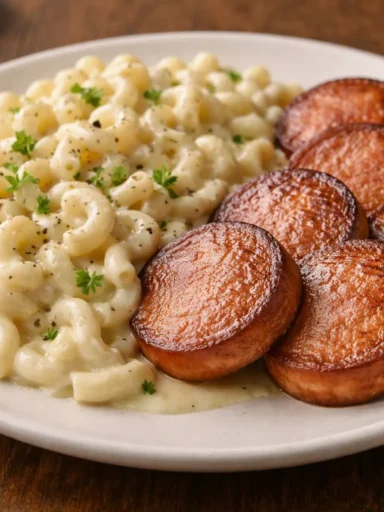 Stekt falukorv med stuvade makaroner