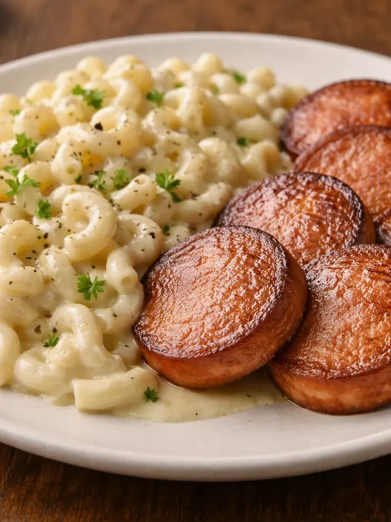 Stekt falukorv med stuvade makaroner