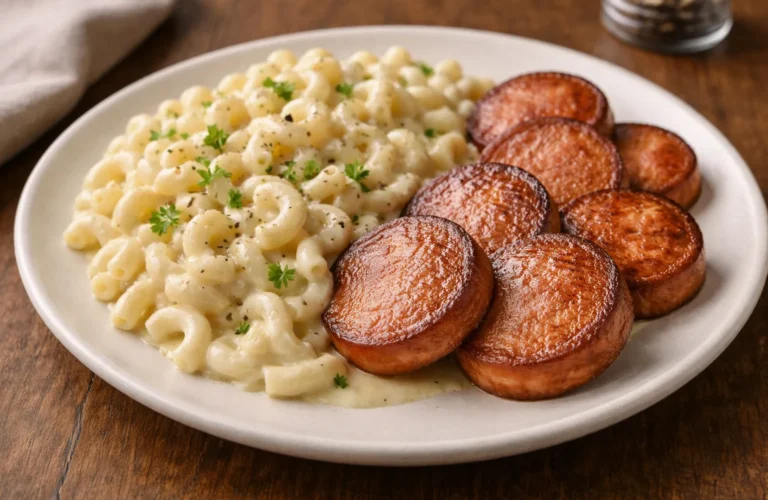 Stekt falukorv med stuvade makaroner